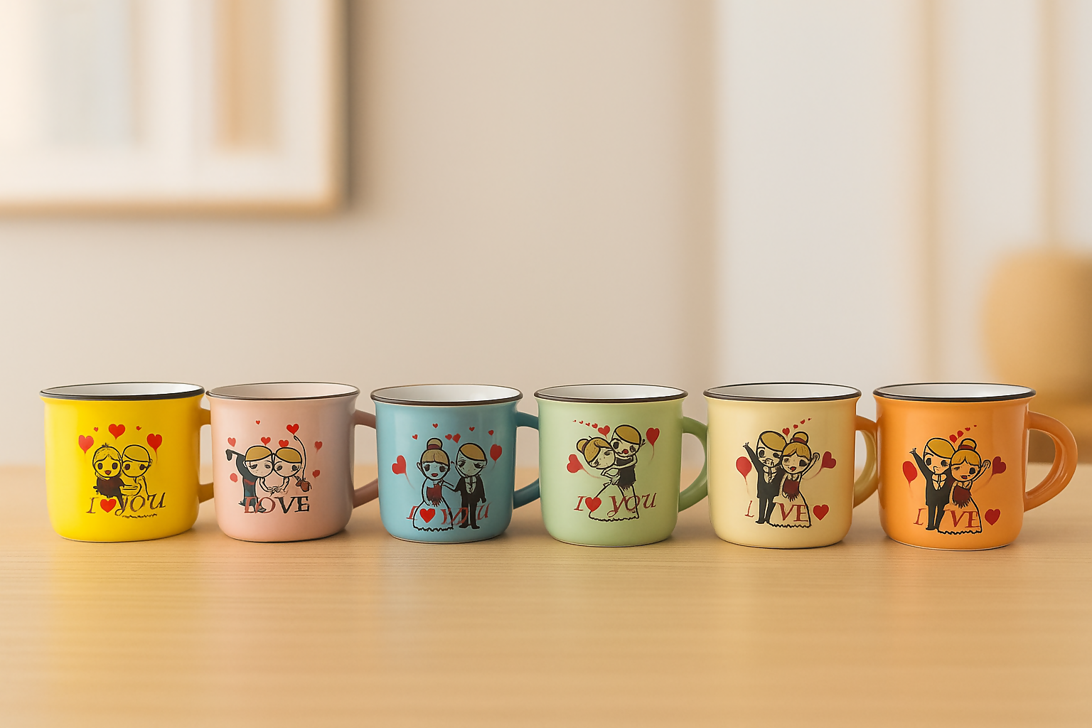 Set of 6 Colorful Romantic Couple Ceramic Coffee Mugs – Cute Printed Love-Themed Tea Cups with Cartoon Boy & Girl Designs – Ideal for Gifting on Valentine’s Day, Anniversary, or for Couples, Friends & Family