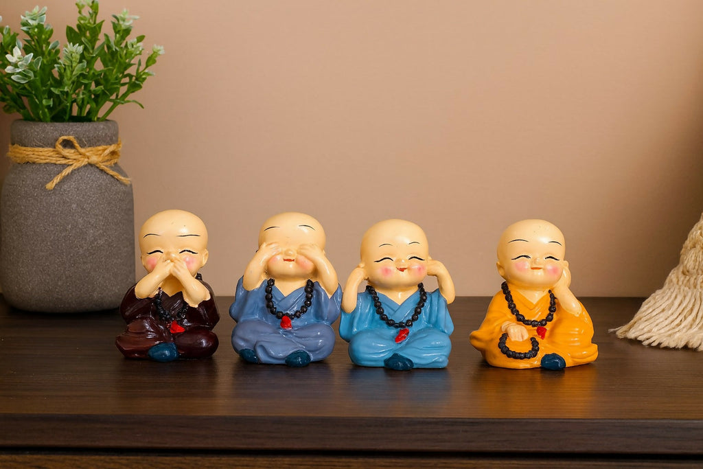 Set of 4 Cute Laughing Monk Figurines – Hear No Evil, See No Evil, Speak No Evil & Think Wisely Statues – Resin Decorative Mini Monks for Home, Office, Car Dashboard, Meditation Space, Feng Shui Gift