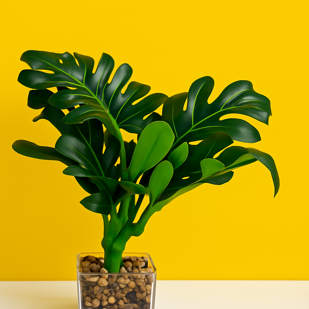 "Lifelike Artificial Monstera Plant in Transparent Square Pot with Decorative Pebbles – Real Touch Tropical Faux Greenery for Home, Office & Tabletop Décor – Ideal Gift for Housewarming, Birthdays, or Festive Celebrations"