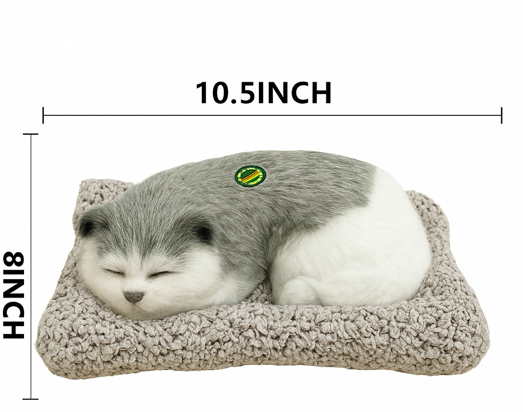 Realistic Sleeping Grey & White Plush Dog Toy with Soft Bed – Faux Breathing Puppy for Car Dashboard & Home Decoration – Cute Pet Lover Gift for Kids & Adults