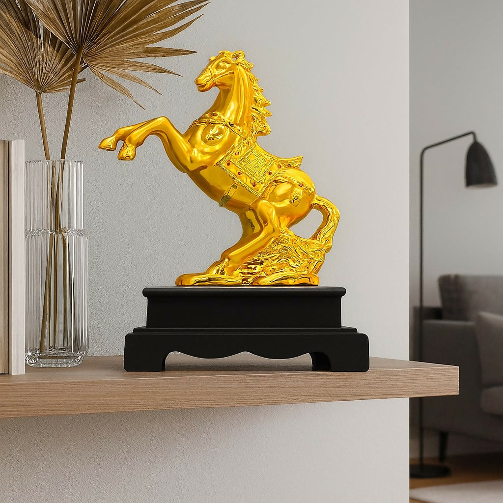 HOME DECOR Golden Horse Statue for Home Decor – Feng Shui Inspired Rearing Horse Figurine on Black Base for Wealth, Success & Positivity – Premium Polyresin Showpiece for Living Room, Office, or Gifting