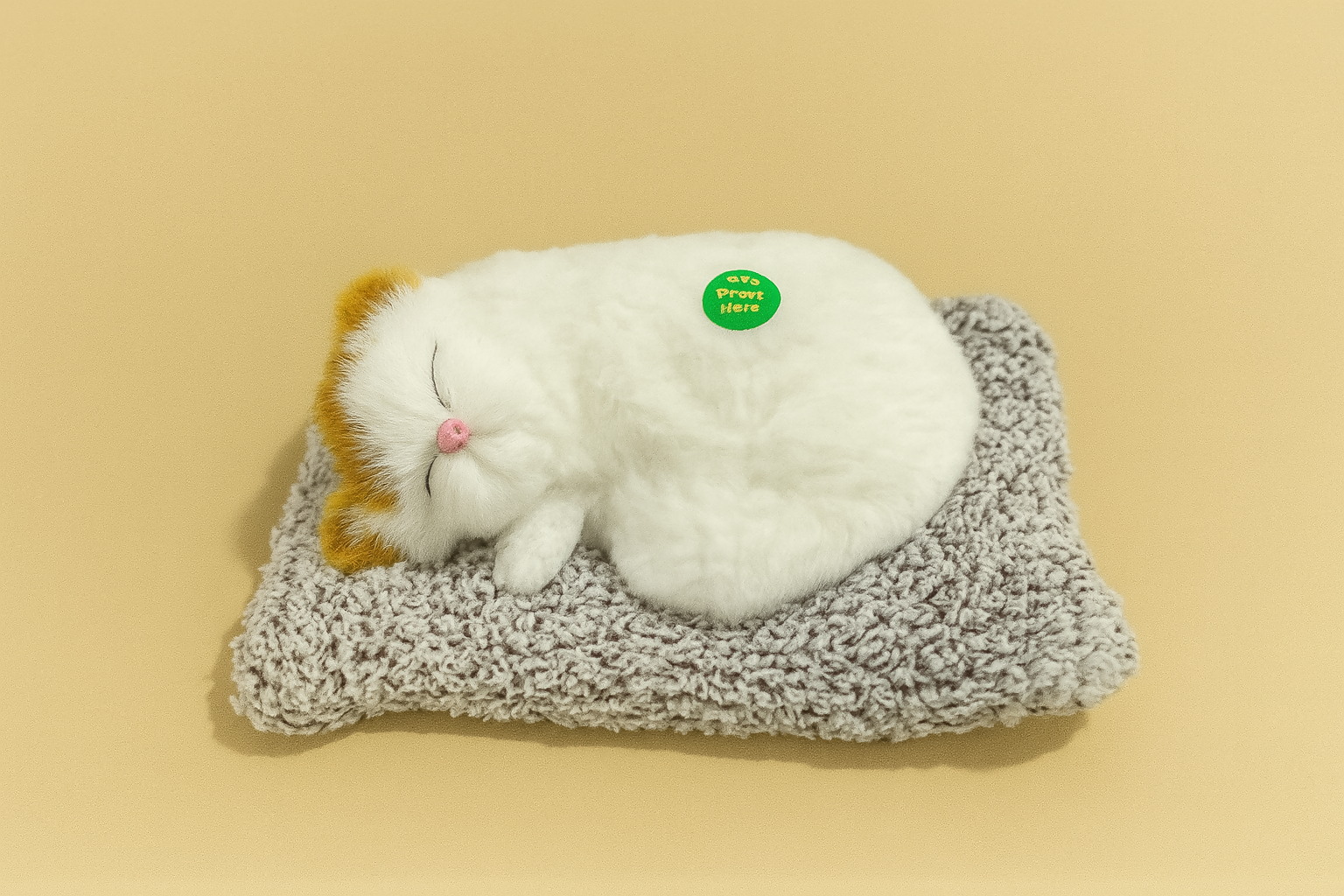 Realistic Sleeping White & Orange Plush Cat Toy with Soft Bed – Faux Breathing Kitten for Car Dashboard & Home Decor – Cute Gift for Pet Lovers, Kids & Animal Enthusiasts