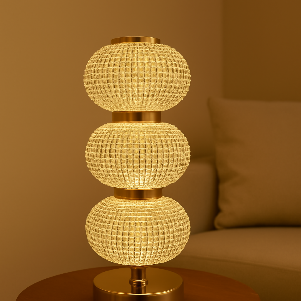 HOME DECOR Luxury Triple Globe Glass Table Lamp with Golden Base | Modern Crystal Grid Design Night Lamp for Living Room, Bedroom, or Office | Ambient Bedside Light Decor