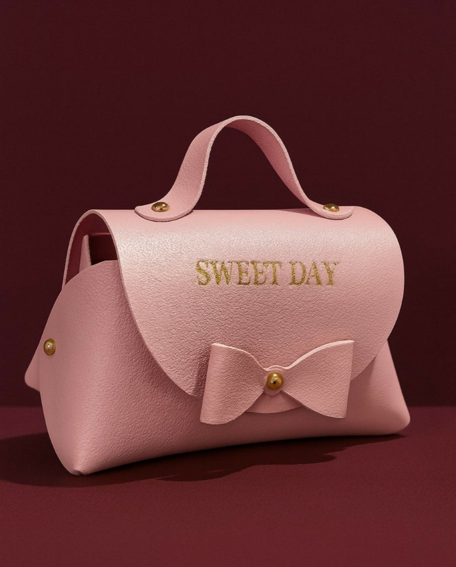 Cute Pink PU Leather Mini Handbag with Bow and "SWEET DAY" Print | Small Gift Pouch for Girls, Women | Jewelry Storage Box, Candy Bag, Return Gift for Birthday & Events