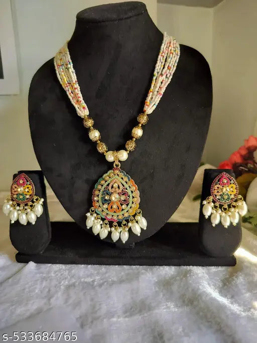 Weddingwear Multicoloured AD Necklace Earring Set With Mangtika