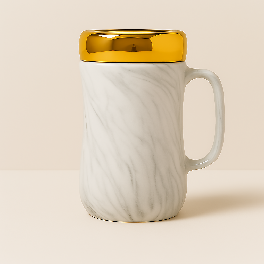 Elegant Marble Ceramic Mug with Golden ‘Mr.’ Lettering and Metallic Gold Lid – Premium Gift Coffee Mug for Husband, Groom, Anniversary, or Valentine's Day