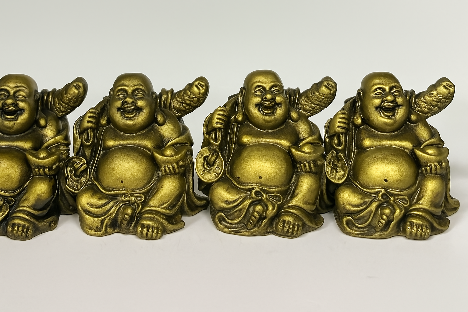 Set of 4 Laughing Buddha Statues for Good Luck and Prosperity – Antique Gold Finish Feng Shui Idols for Home, Office, Gift & Decor – Wealth and Happiness Figurines