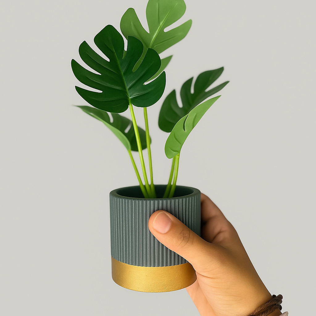Artificial Monstera Plant in Premium Ribbed Ceramic Pot with Golden Base | Small Faux Indoor Desk Plant for Home, Office, Bedroom & Table Décor