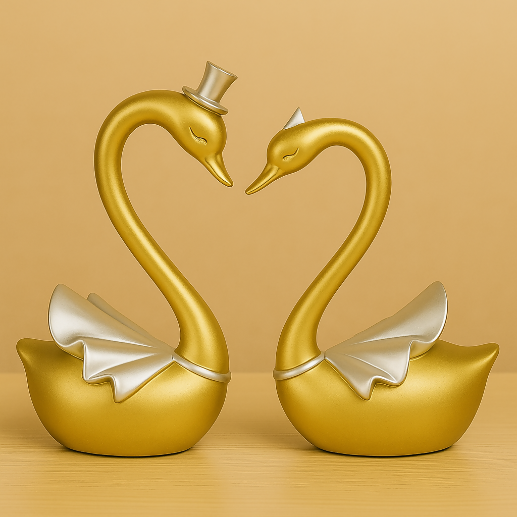 HOME DECOR Golden Swan Couple Showpiece – Romantic Resin Love Bird Figurine with Silver Accents