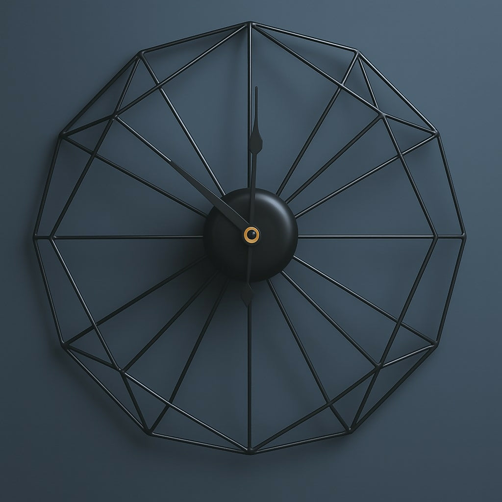 HOME DECOR Geometric Metal Wall Clock in Minimalist Black Finish – Large Decorative Open Frame Wall Clock with Unique Spoke Design for Modern Living Room, Office, Bedroom & Cafe Wall Decor