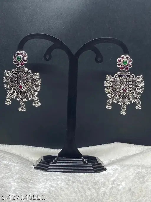Oxidised Silver Plated Brass Stone Work Earrings for Women's & Girls