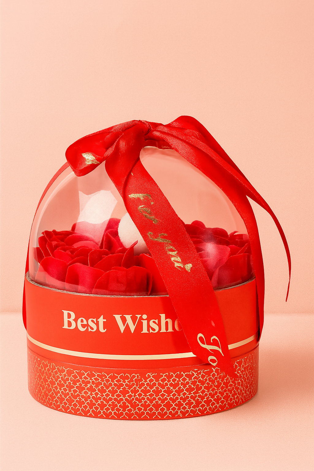 Romantic Red Dome-Shaped Gift Box with Teddy Bear & Artificial Rose Flowers – Best Wishes Gift Hamper for Girlfriend, Wife, Anniversary, Valentine's Day & Birthday – Decorative Round Packaging with Handle