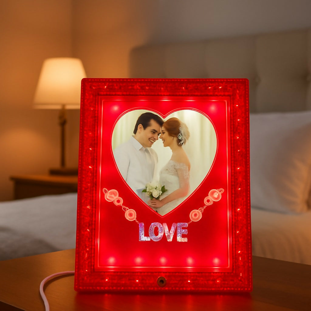 Red Heart Shape LED Photo Frame Lamp with Love Text | Romantic Couple Night Light with Customized Picture | Decorative Wedding Anniversary Valentine Gift Table Lamp for Bedroom & Home Décor