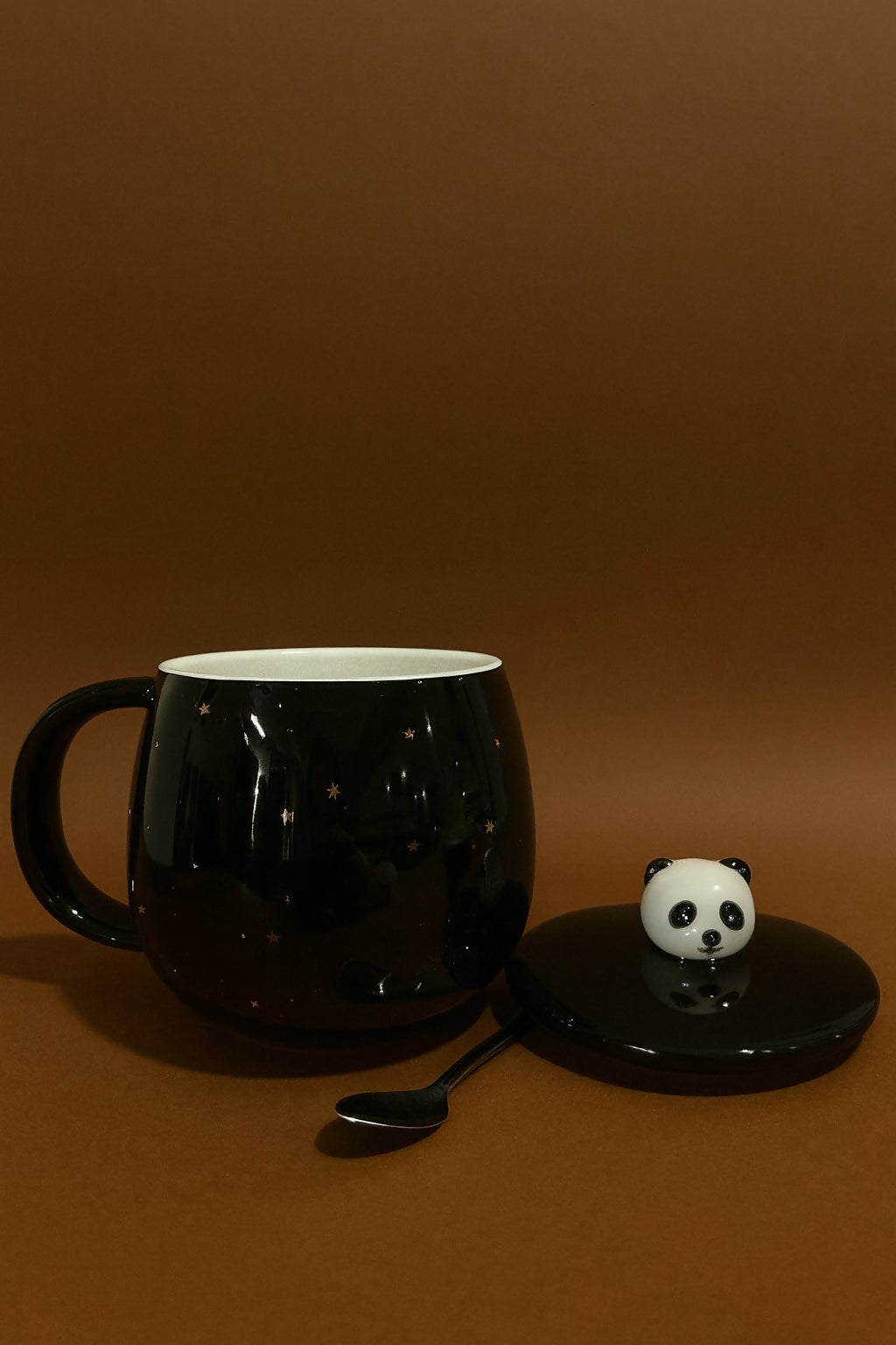 Black Panda Ceramic Mug with Lid & Spoon | Cute Cartoon Panda Coffee & Tea Cup | Large Capacity Milk Mug with Crown Panda Print | Gift Mug for Kids, Women & Panda Lovers