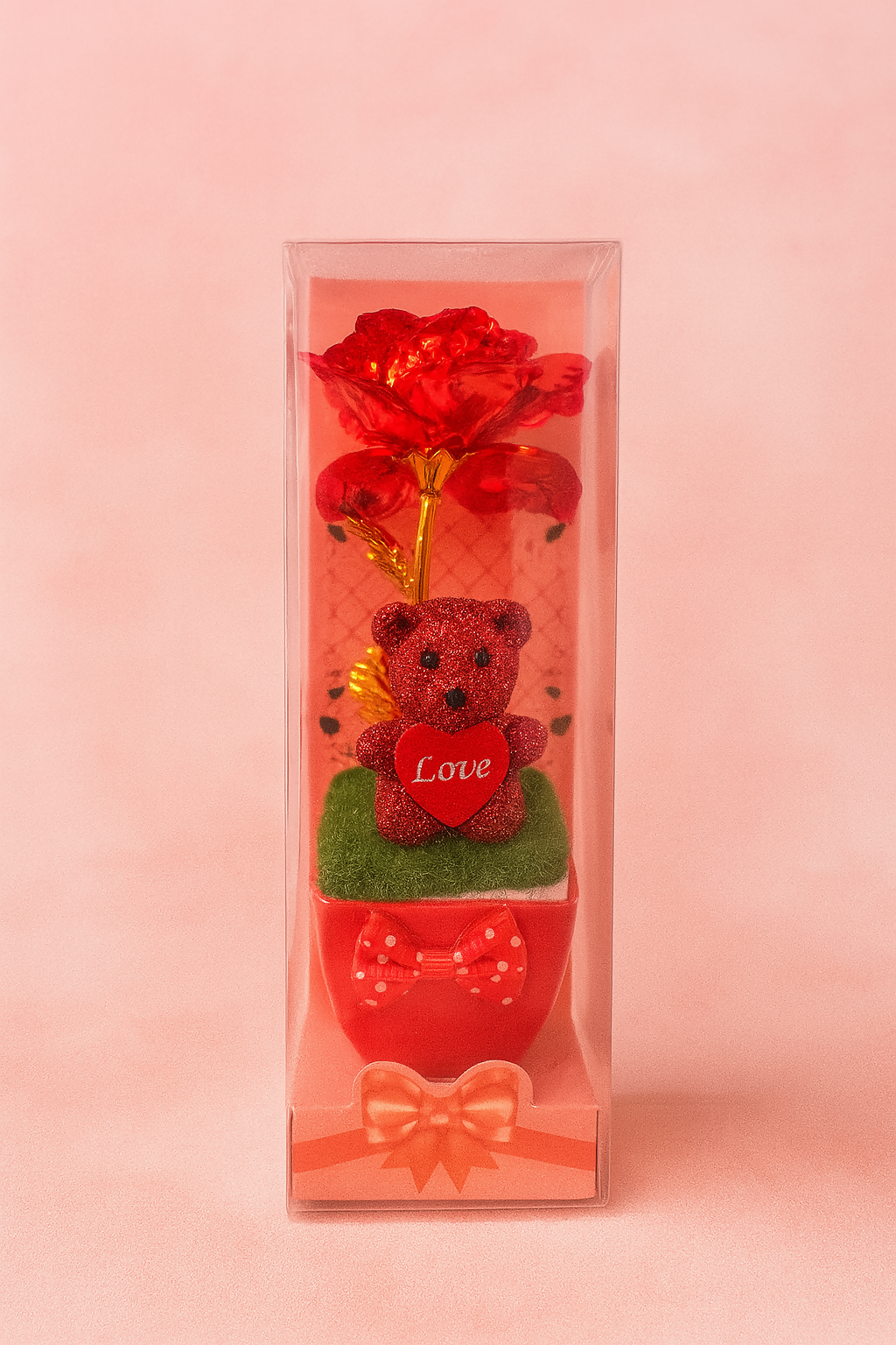 Set of 10 Decorative Golden Rose with Teddy Bear in Gift Box – Valentine’s Day, Anniversary, Romantic Return Gift – Cute Glitter Love Showpiece for Table & Shelf Décor