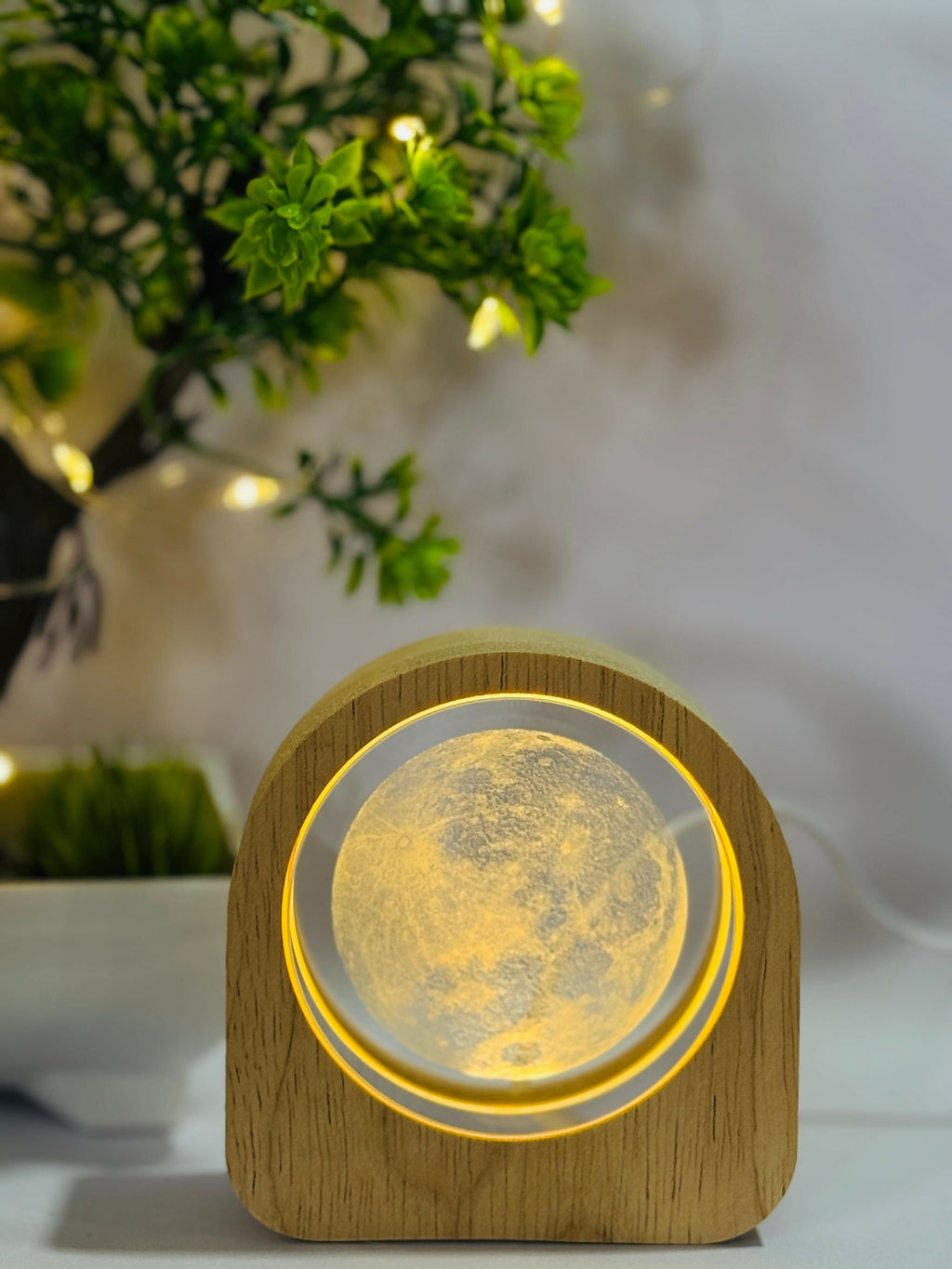 Moon Surface Theme 3D Crystal Glass LED Night Lamp with Wooden Frame – USB Powered Warm Light Table Lamp | Unique Moonlight Lamp for Bedroom, Study, Living Room & Gifting