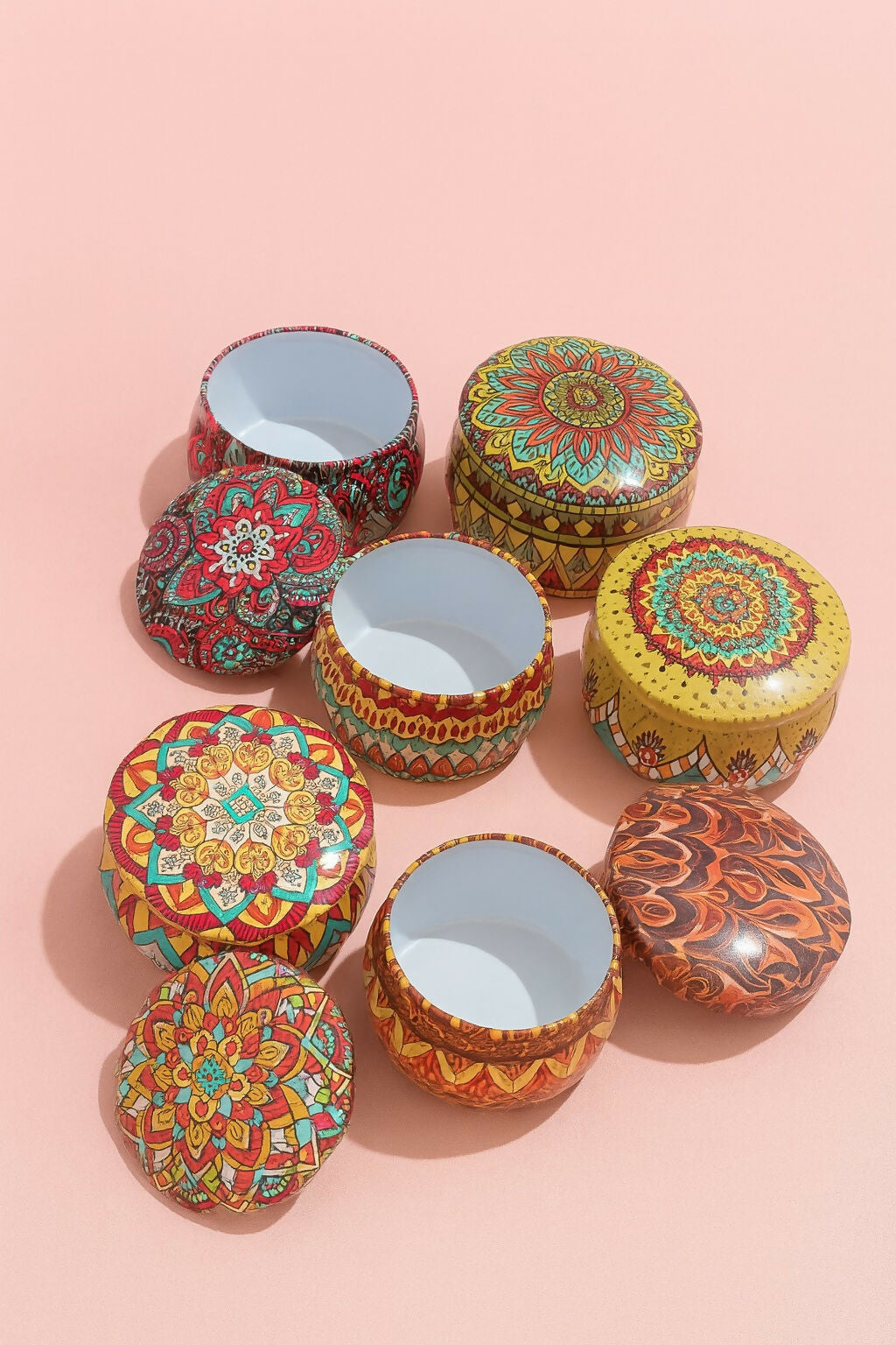 Set of 6 Round Decorative Metal Storage Tins with Multicolor Boho Mandala Prints – Reusable Small Gift Boxes for Jewelry, Candies, Spices, and Party Favors – Vintage Ethnic Print Tin Containers