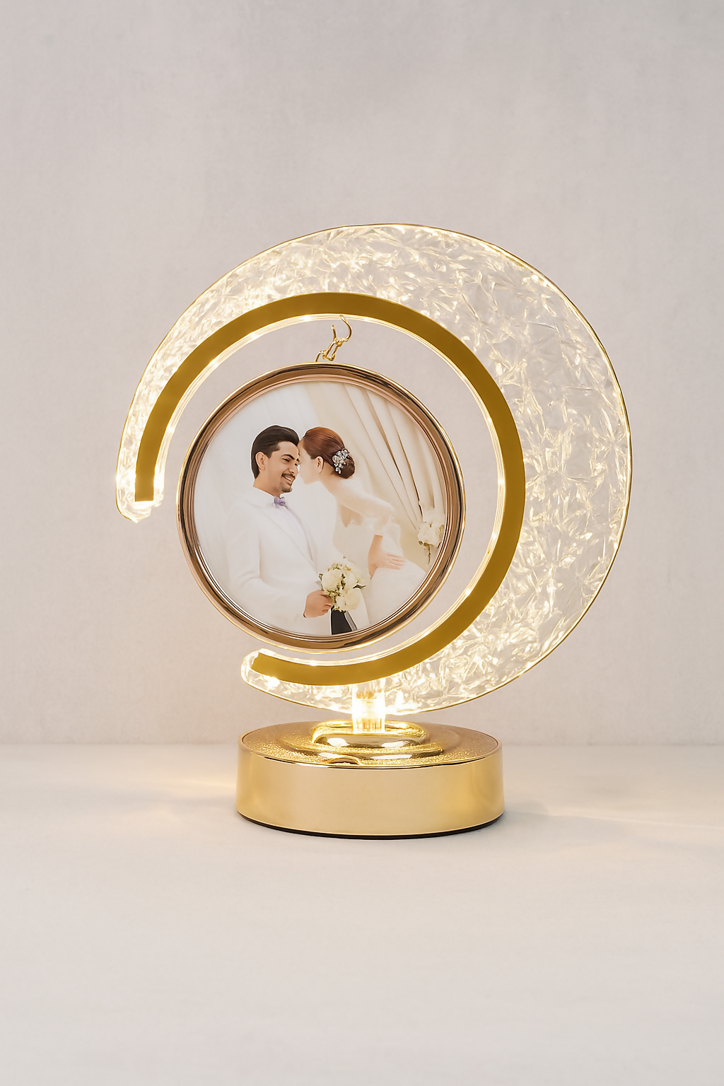 Luxury Crescent Moon LED Photo Frame Lamp with Crystal Textured Design and Rotating Hanging Picture Slot – Personalized Night Light Table Decor for Bedroom, Anniversary, Wedding, or Romantic Gift for Couples