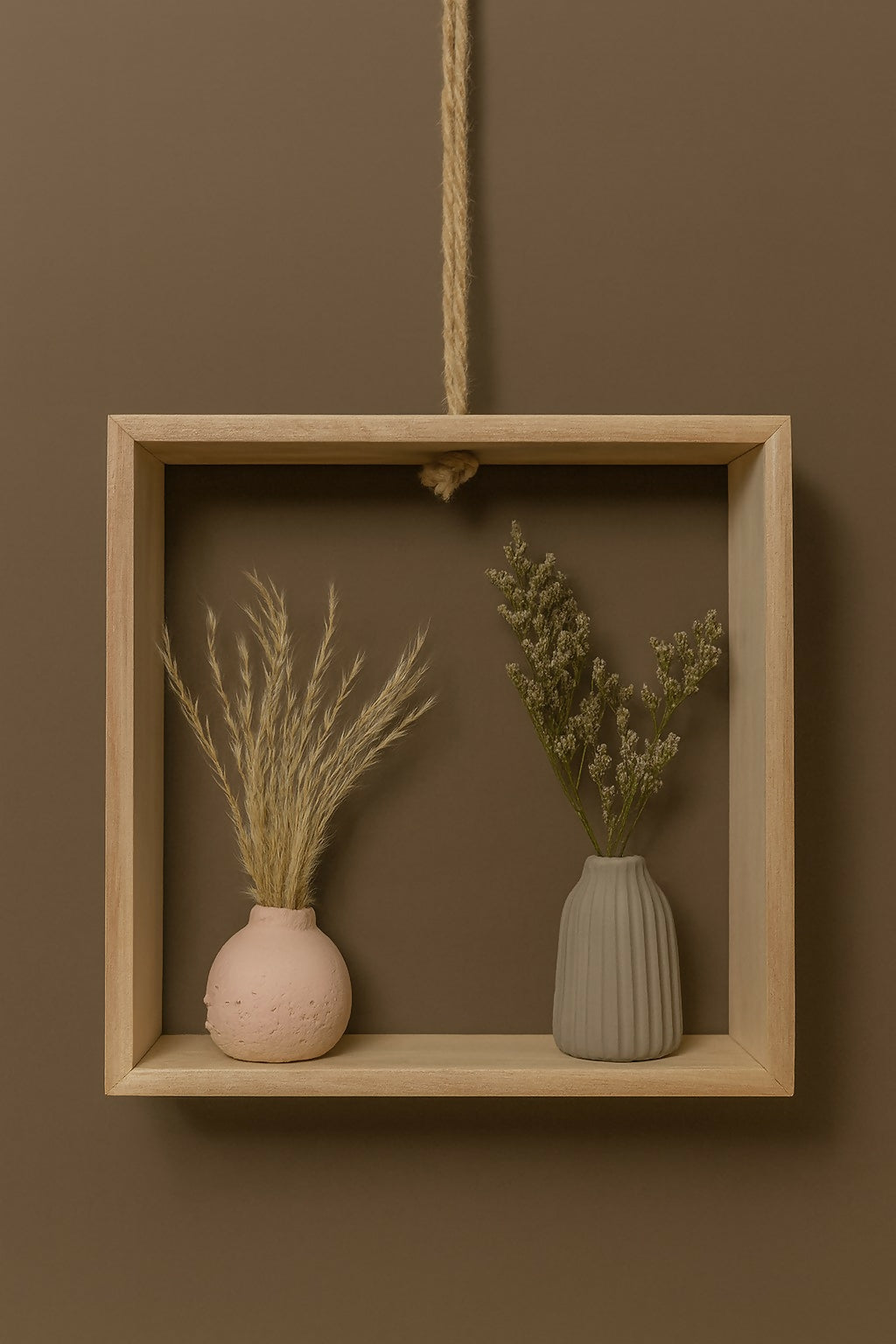 Minimalist Wall Hanging Wooden Frame with Dried Flower Arrangement – Rustic Home Décor Shelf with Pink and Grey Ceramic Vases – Boho Decorative Accent for Living Room, Bedroom, and Office