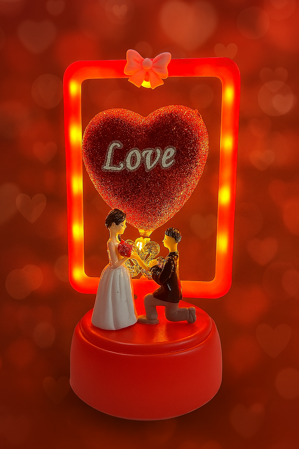 Romantic LED Love Couple Showpiece | Proposal Figurine for Gift, Home Decor, Valentine's Day, Anniversary, Bedroom Tabletop Decoration | Red Heart Glitter Frame with "Love" Text | Romantic Couple Miniature Idol