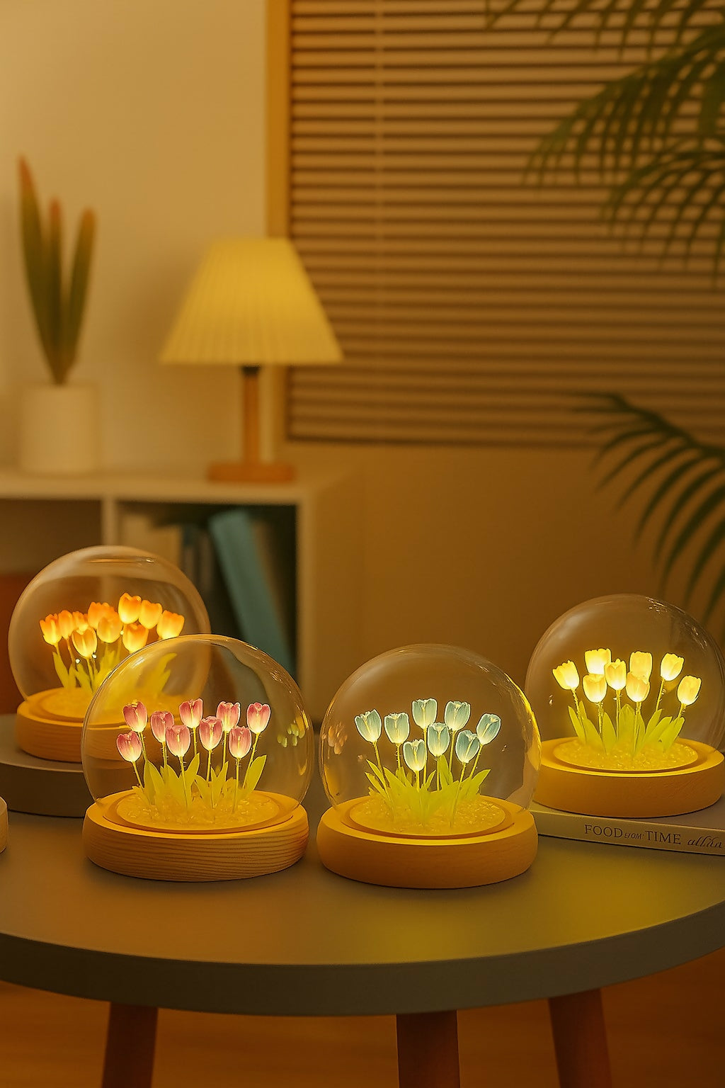 LED Peach Orange Tulip Flower Light Dome with Glass Cover and Wooden Base – Soft Glow Decorative Floral Table Lamp for Bedroom, Living Room, Gift, Night Light Ambience