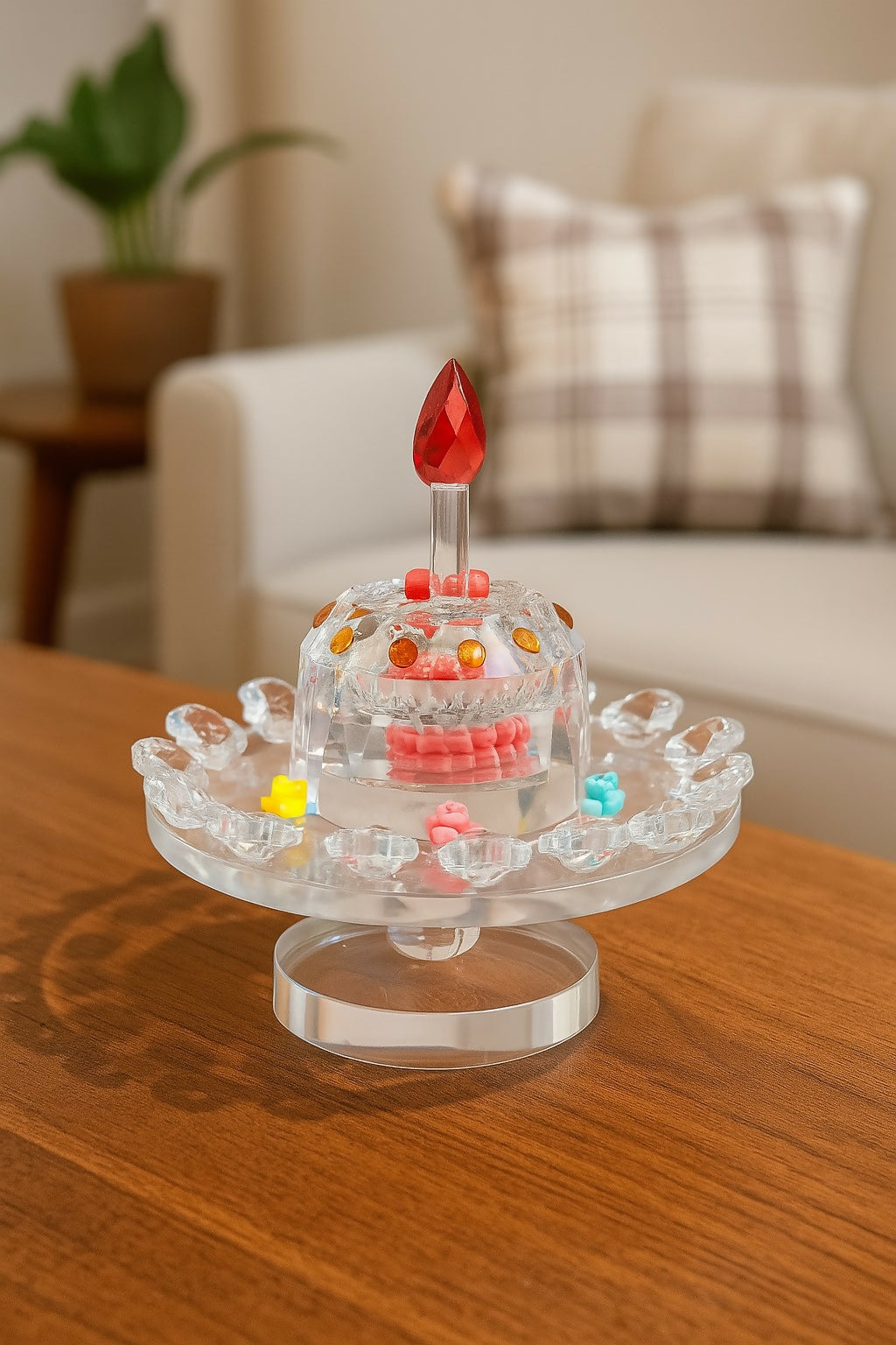 Crystal Birthday Cake Showpiece with Red Flame, Colorful Embellishments & Pedestal Base – Decorative Gift Item for Birthdays & Table Decor