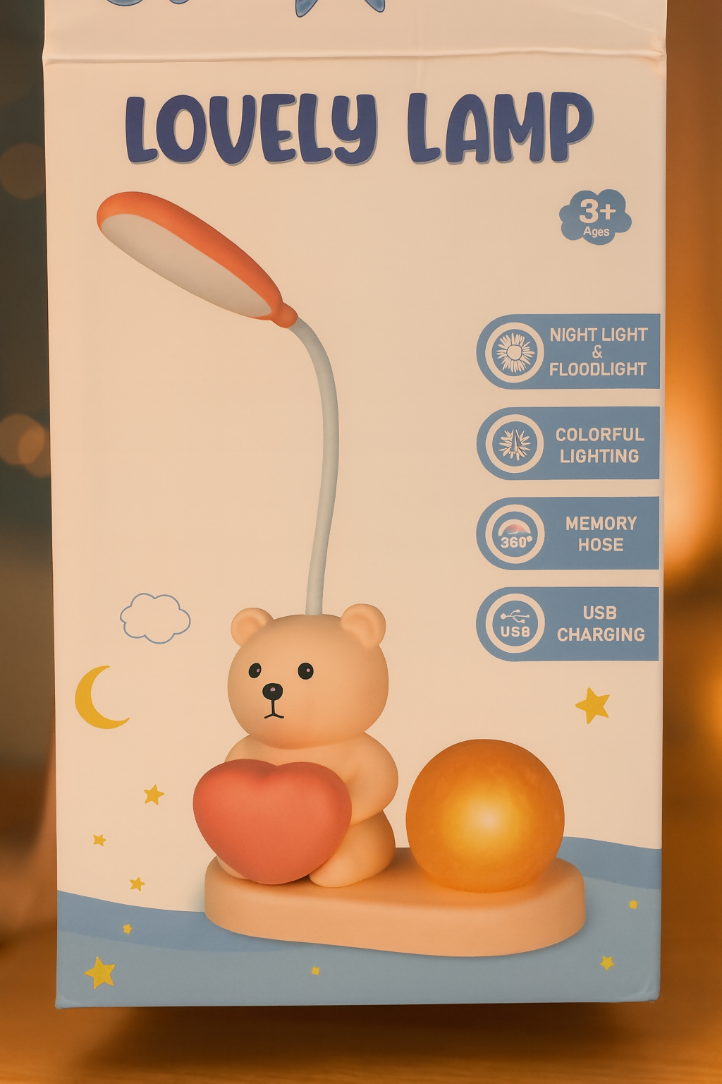 Adorable Bear Night Lamp with Heart & Moon Light – USB Rechargeable LED Desk Lamp for Kids, 3+ Ages, Flexible 360° Hose, Dual Lighting Modes (Night Light & Floodlight), Colorful Ambient Lighting