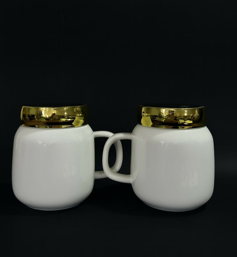 Mr and Mrs Ceramic Mug Set with Golden Lids – White Couple Coffee Mugs in Gift Box – Romantic His and Her Tea Cups by Fishon Ceramics – Wedding Anniversary Engagement Gift Set
