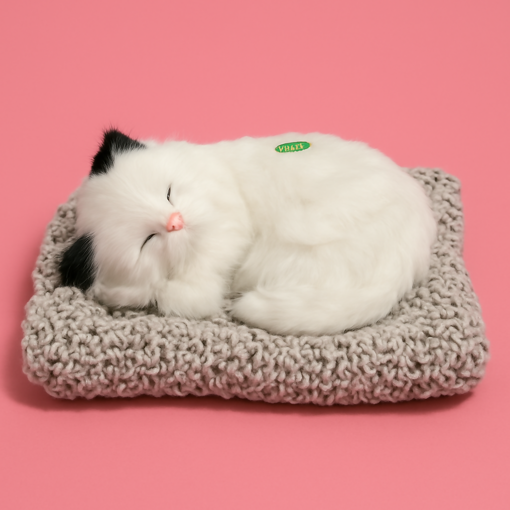 Realistic Sleeping Cat Plush Toy for Car Dashboard – Battery Operated Breathing Kitten Model with Soft Mat – Cute Pet Cat Home Decor for Office, Shelf, or Gifting (Black & White Fur, Decorative)