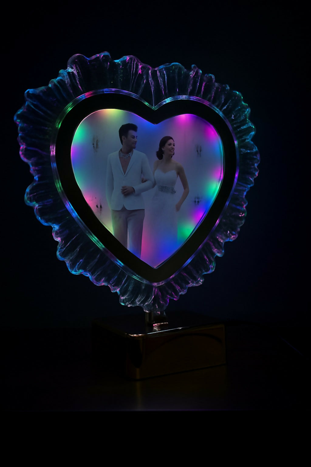 Romantic LED Crystal Heart Photo Frame with Golden Base | Personalized Wedding Anniversary Gift for Couples, Birthday, Valentine’s Day, Home Décor Night Lamp