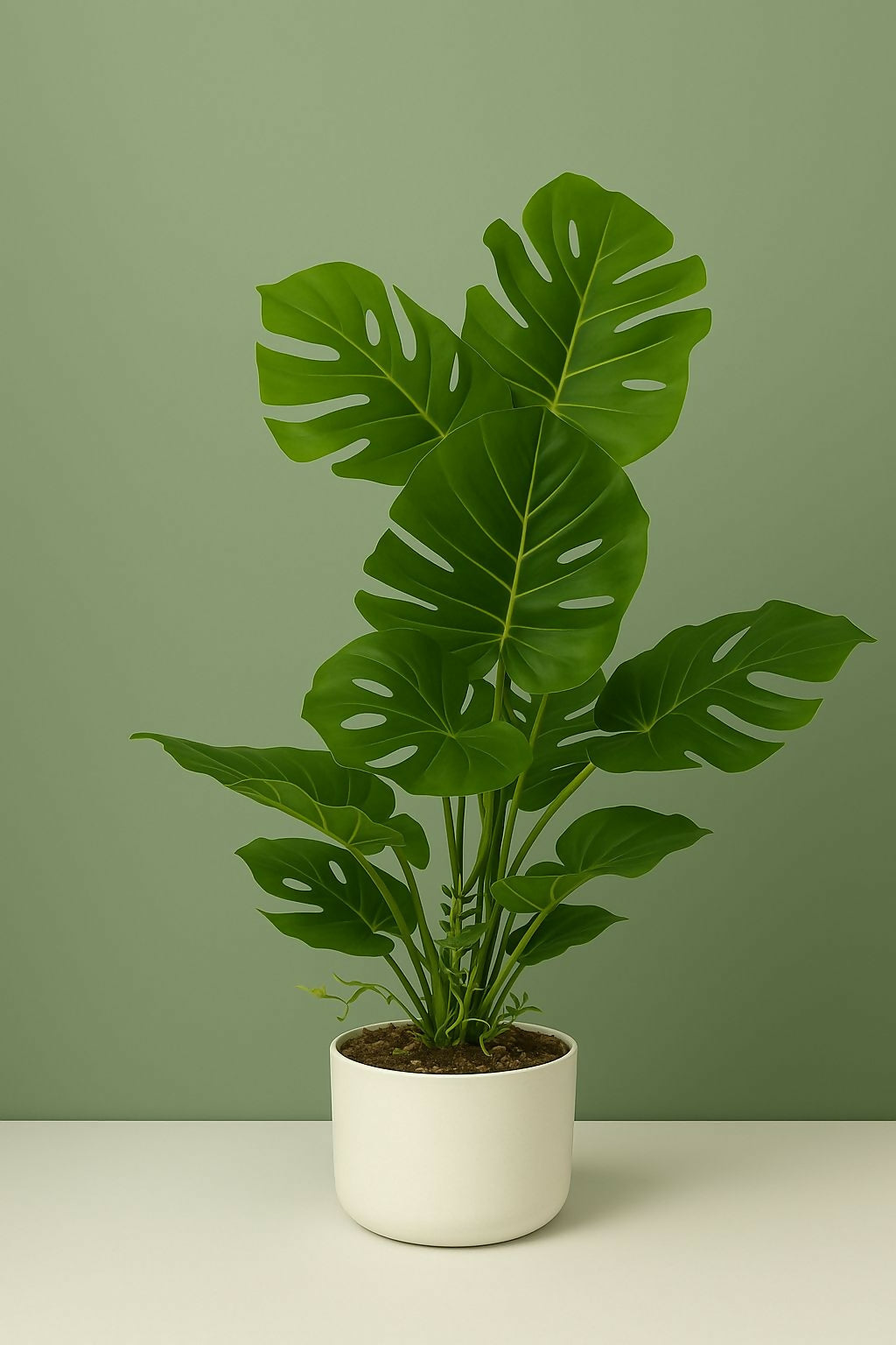 HOME DECOR Artificial Monstera Plant in White Pot – Realistic Green Tropical Leaf Faux Plant for Home, Office, Corner & Tabletop Decor – Decorative Indoor Plant for Modern Interiors and Gifting