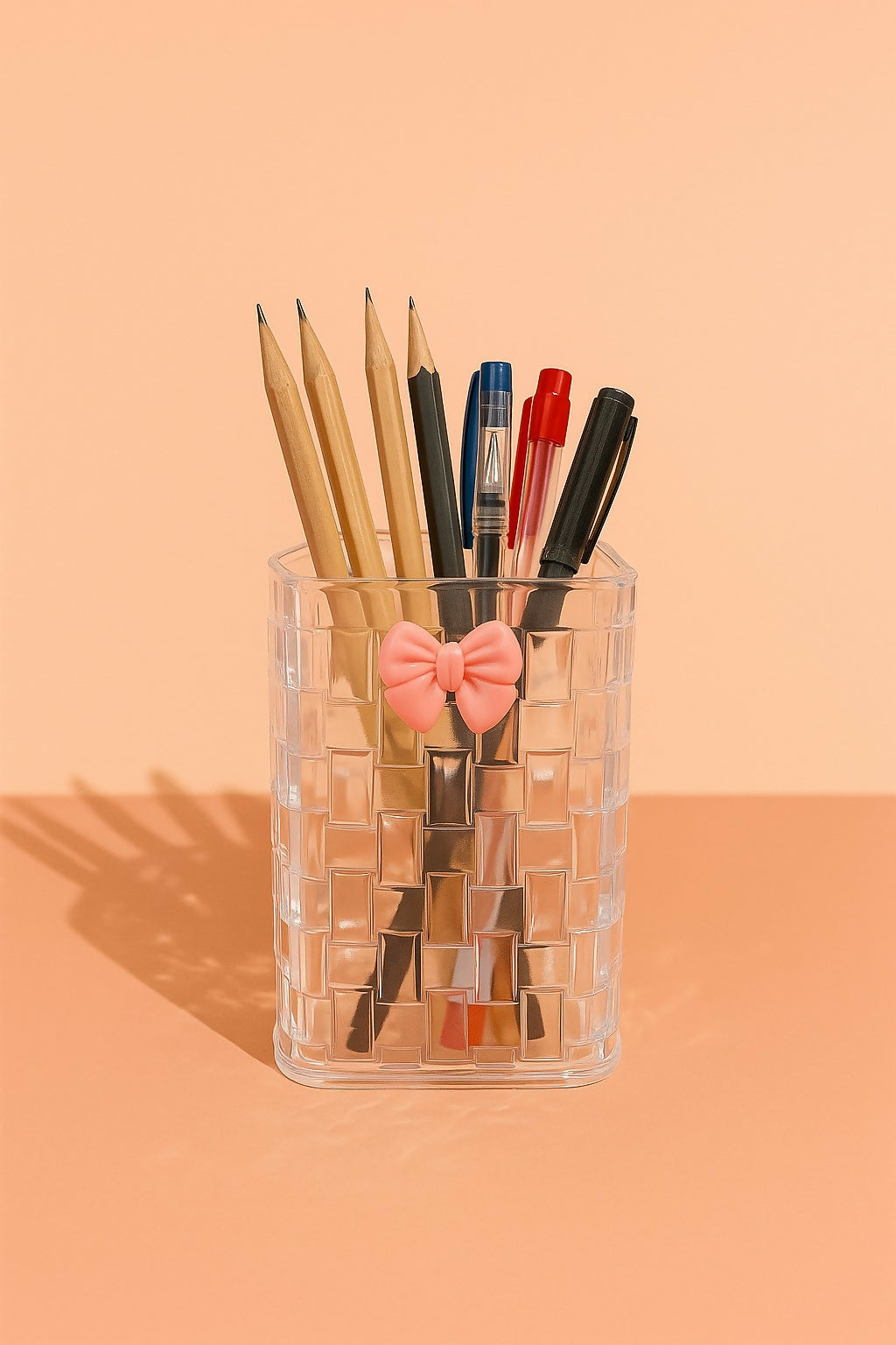 Transparent Grid Pattern Plastic Pen Holder with Cute Bow Design – Multipurpose Desk Organizer for Pencils, Pens, Markers & Stationery – Stylish Tabletop Storage for Home, Office, Kids Study Table & Classroom