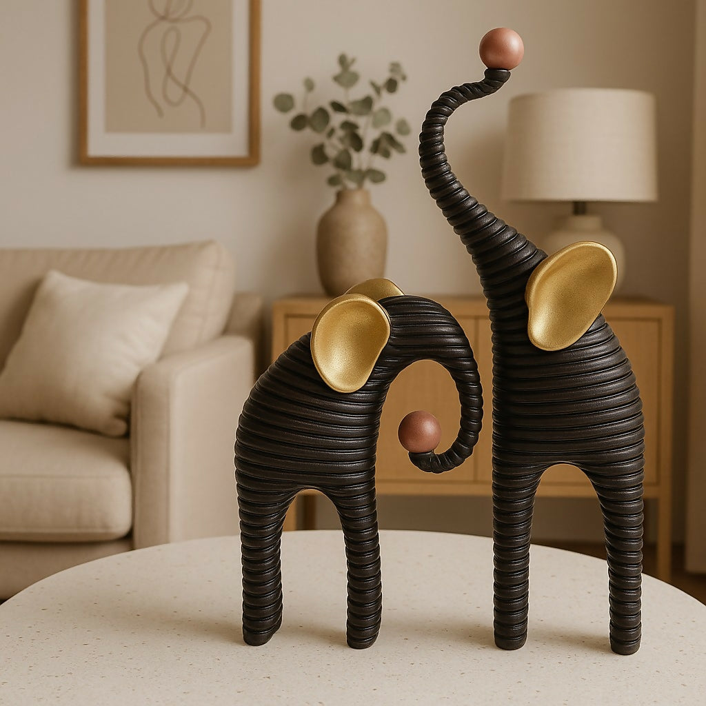 HOME DECOR Modern Black Ceramic Elephant Figurine Set – Decorative Showpiece for Home & Office
