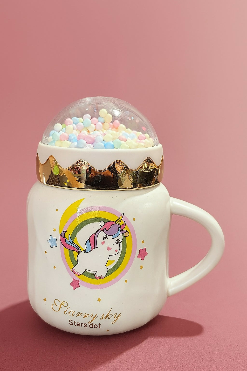 Cute Unicorn Ceramic Mug with Dome Lid – Comfortable “Happy Life” Cartoon Coffee Mug for Kids & Girls – Adorable Gift Cup with Golden Crown Accent and Pastel Decorative Beads