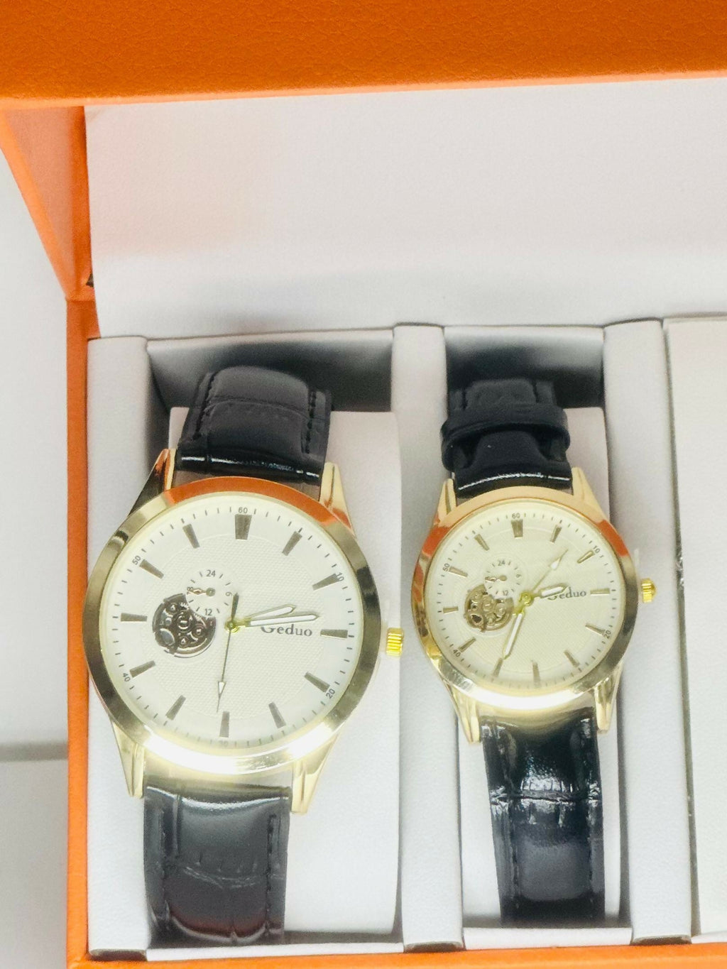 Luxury Couple Watch and Pendant Gift Set – Matching His and Hers Classic Gold Dial Analog Watches with Black Leather Strap and Silver 'Love' Heart Necklaces – Romantic Anniversary or Valentine's Gift in Premium Orange Box