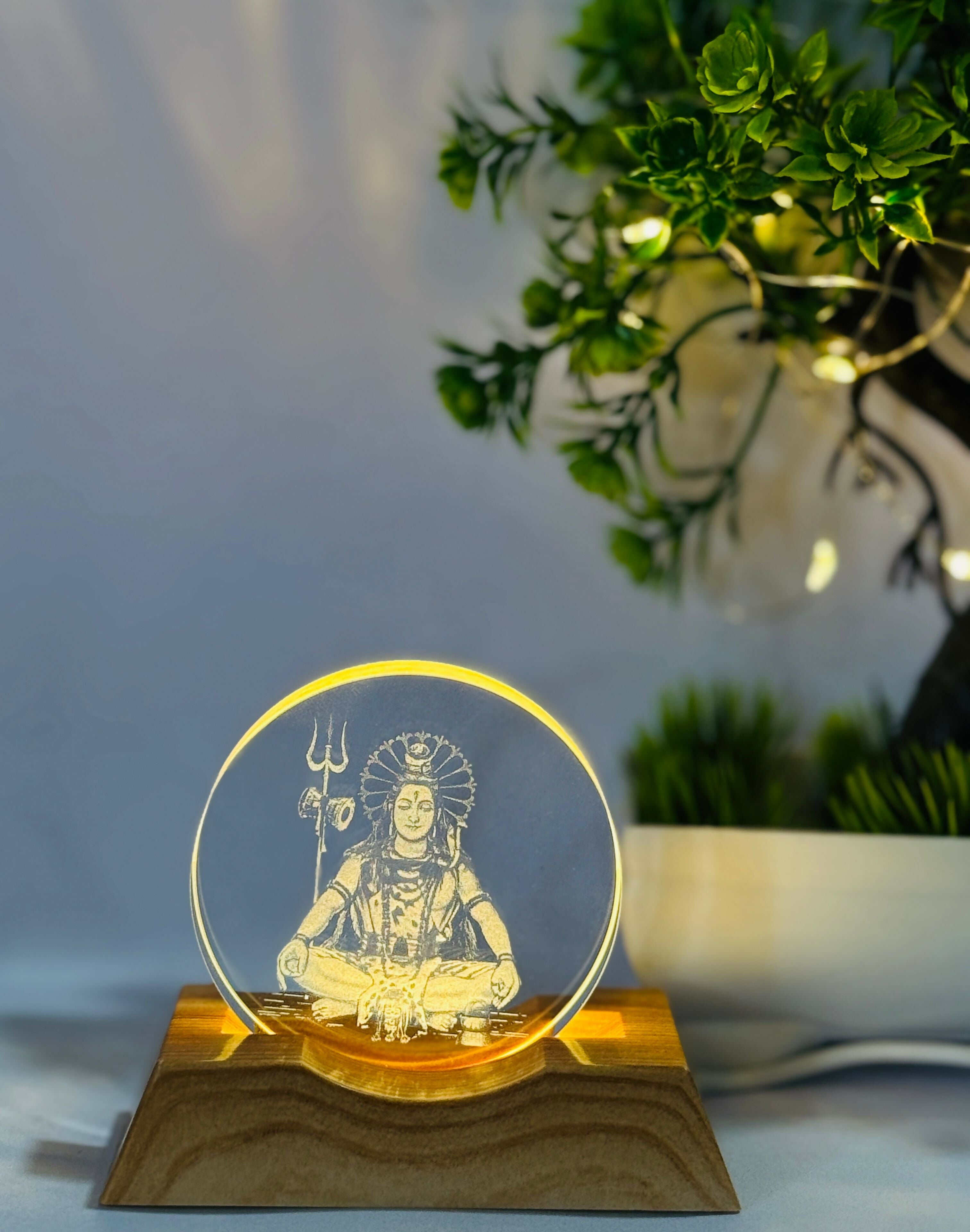 Lord Shiva 3D LED Night Lamp with Wooden Base | Meditating Mahadev Laser Engraved Acrylic Panel | Spiritual Home Decor & Gift Light for Bedroom, Living Room, Office | Trishul Design Mood Lamp