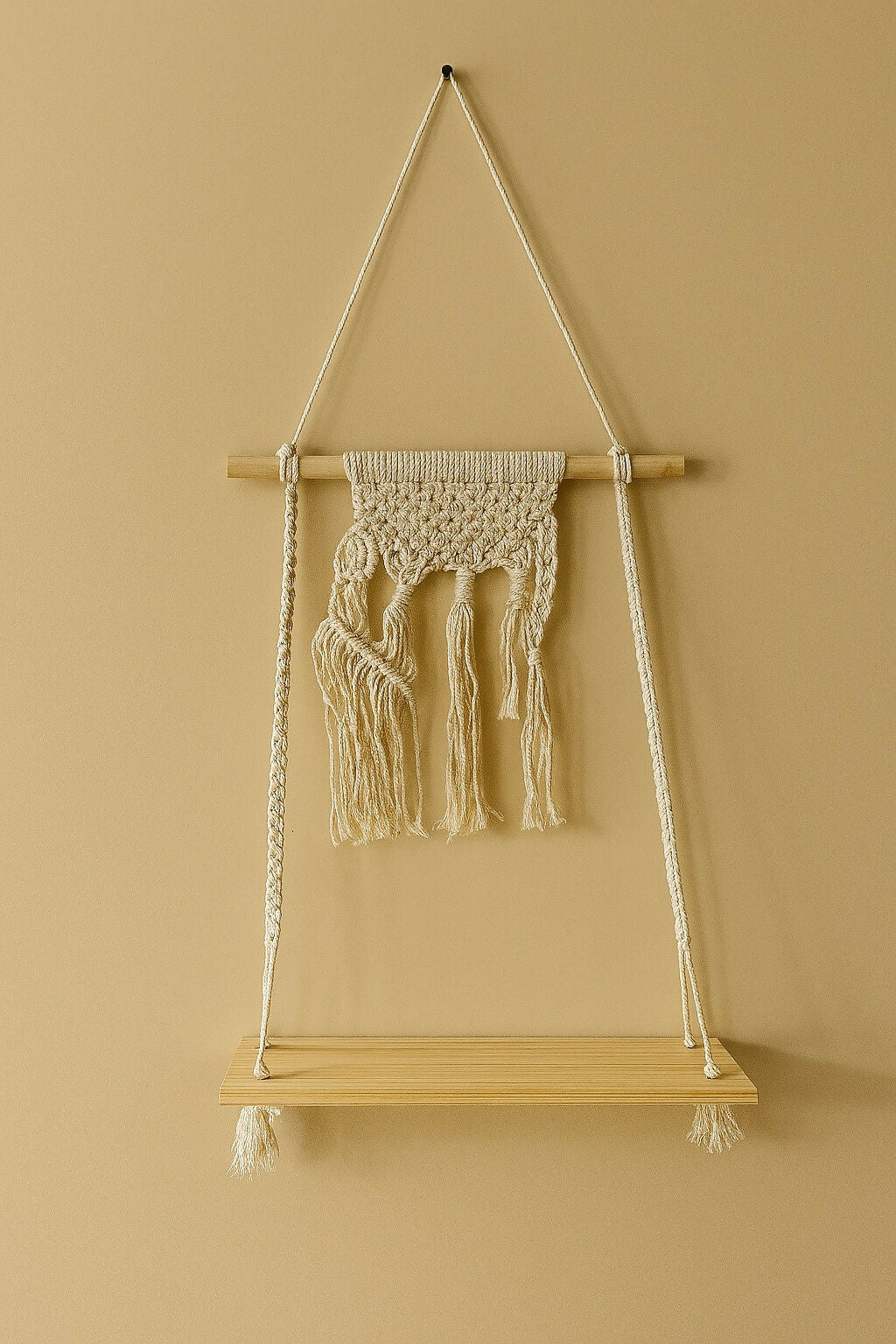 HOME DECOR Macrame Wall Hanging Shelf with 3 Artificial Bonsai Plants – Boho Style Wooden Hanging Rack for Home Decor, Living Room, or Bedroom Wall Decoration (Set of 3 Potted Bonsai Plants Included)