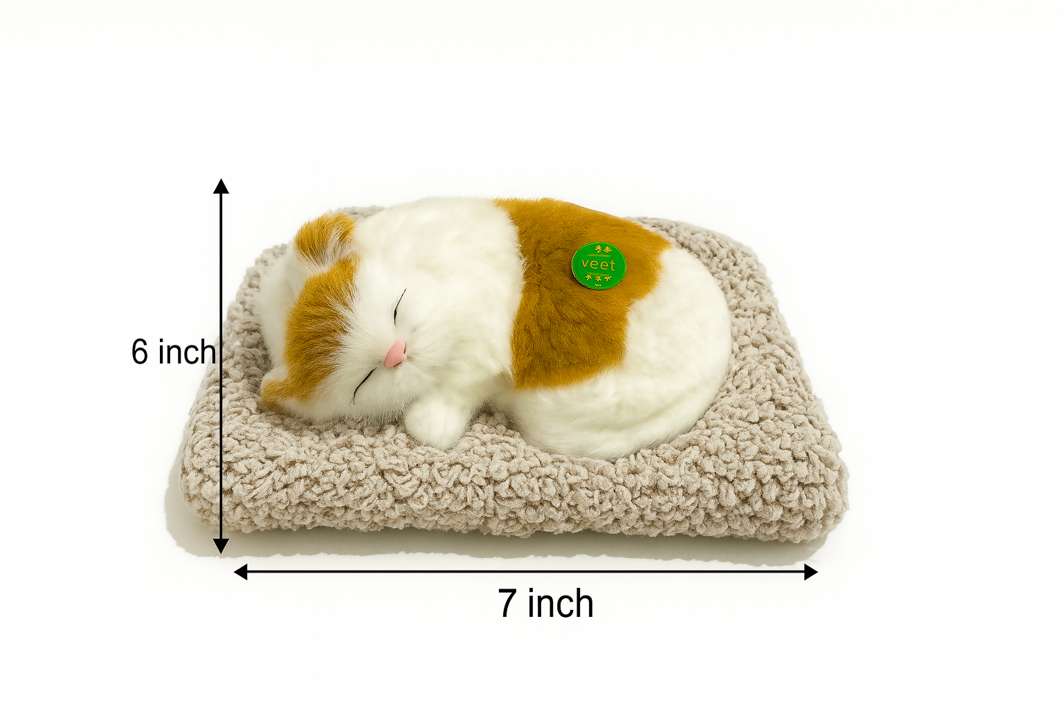 Realistic Plush Sleeping Cat Figurine for Car Dashboard & Home Decor – White and Orange Faux Kitten with Fluffy Bed – Lifelike Stuffed Animal Gift for Cat Lovers