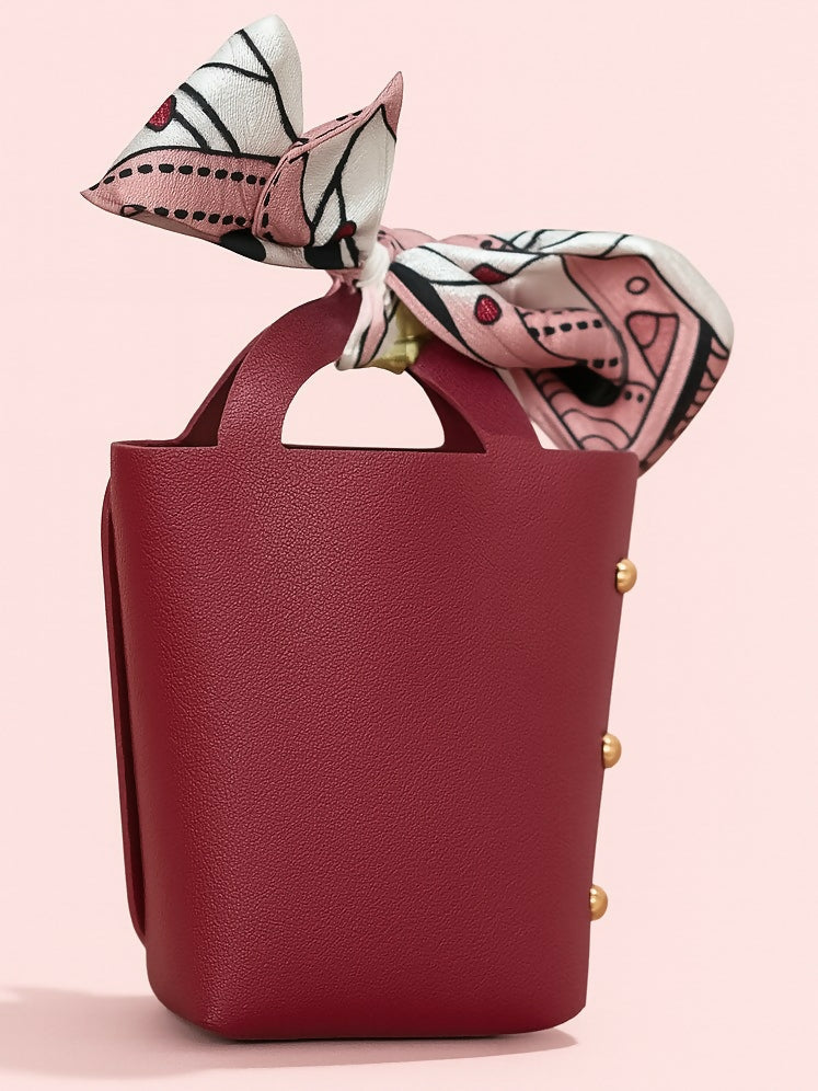 Premium Maroon PU Leather Mini Gift Pouch with Printed Satin Bow & Gold Rivets | Stylish Candy Bag, Jewelry Storage Box, Return Gift for Women & Girls