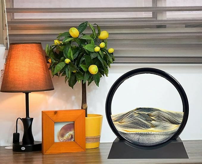 Moving Sand Art Table Decor – Black Round Glass Flowing Sand Frame with Dynamic Landscape Design, Relaxation & Stress Relief Ornament for Home, Office, and Gifts