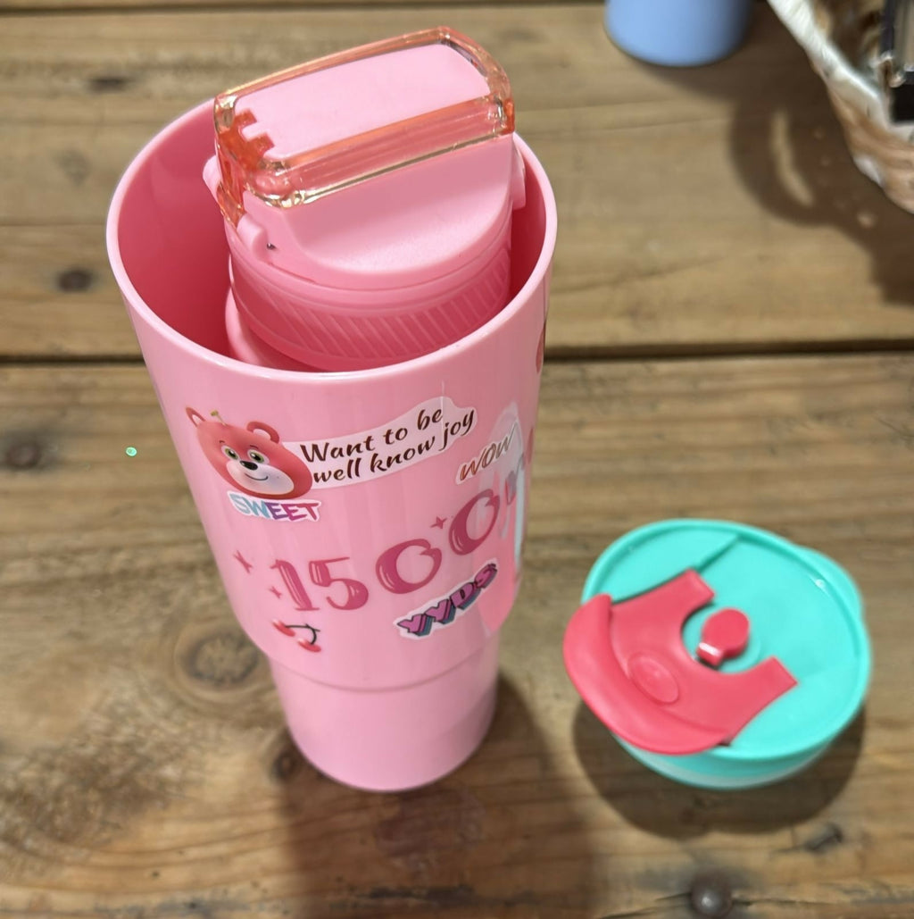 Set of 3 Pink Cute Cartoon Water Bottles for Kids – Leak-Proof BPA-Free Plastic Sipper Bottles with Flip Lid and Bear Design Prints (1500ml, 800ml, 500ml)