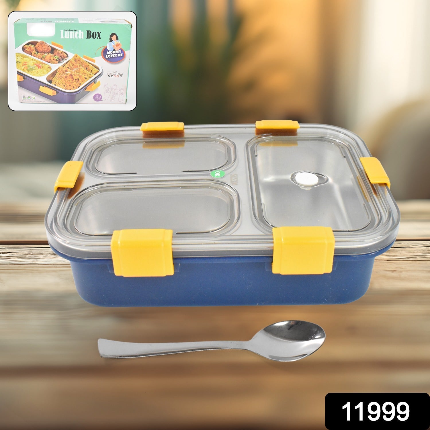 3 Compartment Transparent Stainless Steel Lunch Box for Kids