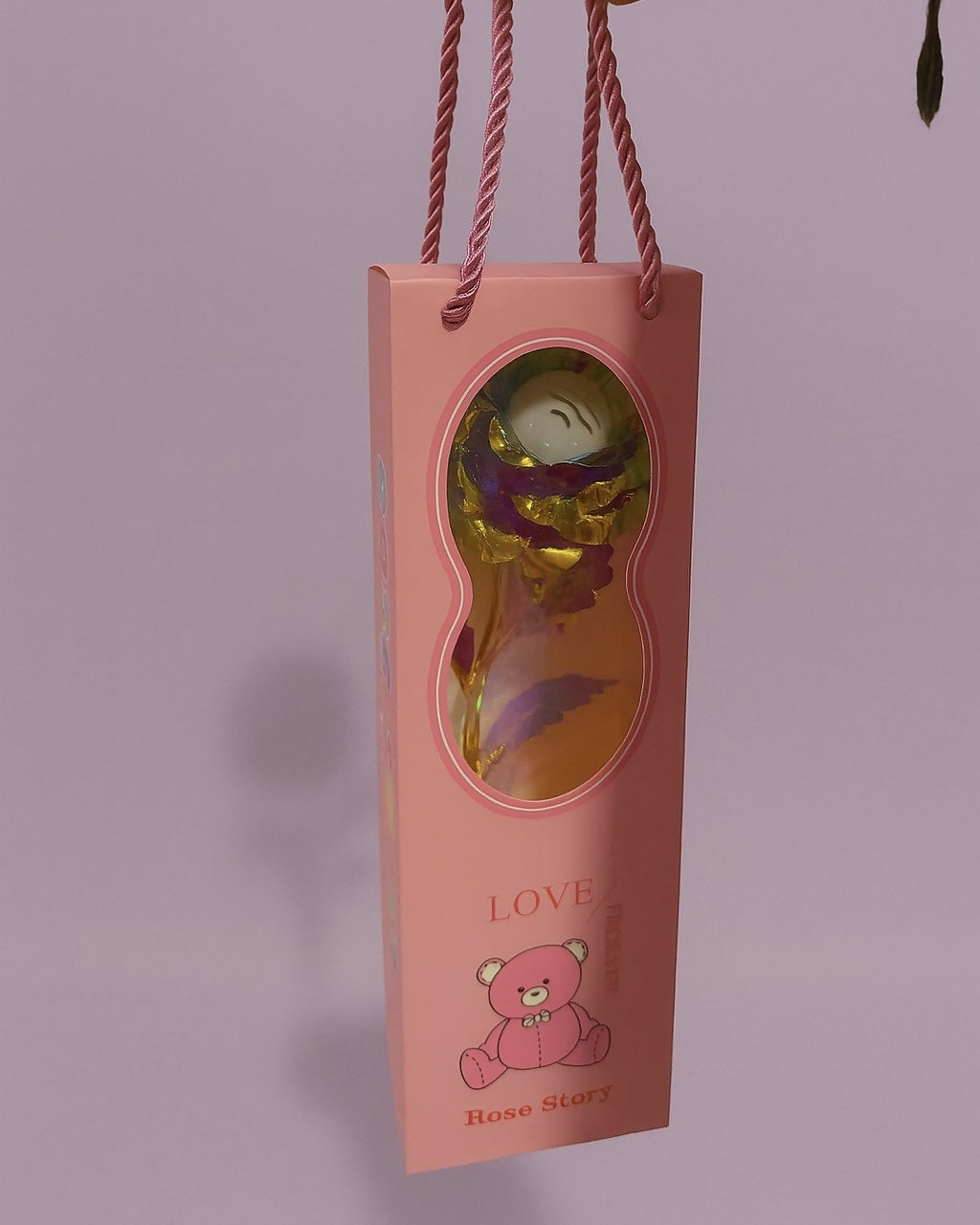 Set of 6 Golden Foil Artificial Rose Flowers in Pink Gift Boxes – “Love Together” Rose Story Packaging with Teddy Print – Romantic Gift Set for Valentine’s Day, Anniversary, Return Gifts