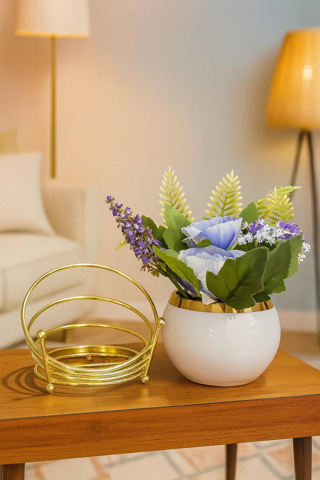 Luxury Artificial Blue & Purple Flower Arrangement in White Ceramic Pot with Spiral Golden Metal Stand – Decorative Faux Floral Centerpiece for Home, Office, Tabletop & Gifting