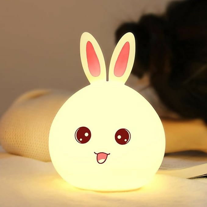 Cute Bunny LED Night Lamp for Kids – Rechargeable Silicone Rabbit Bedside Lamp with Touch Sensor and 7 Color Changing Light Modes – Soft Ambient Night Light for Bedroom, Baby Room, and Gifting