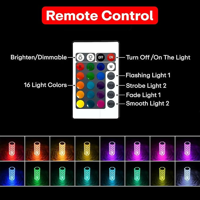 Crystal Diamond Table Lamp with Remote Control – Rechargeable Touch LED Night Light for Bedroom, Living Room & Romantic Decor – Multicolor Ambient Lighting for Parties, Gifts, and Home Interior Accents
