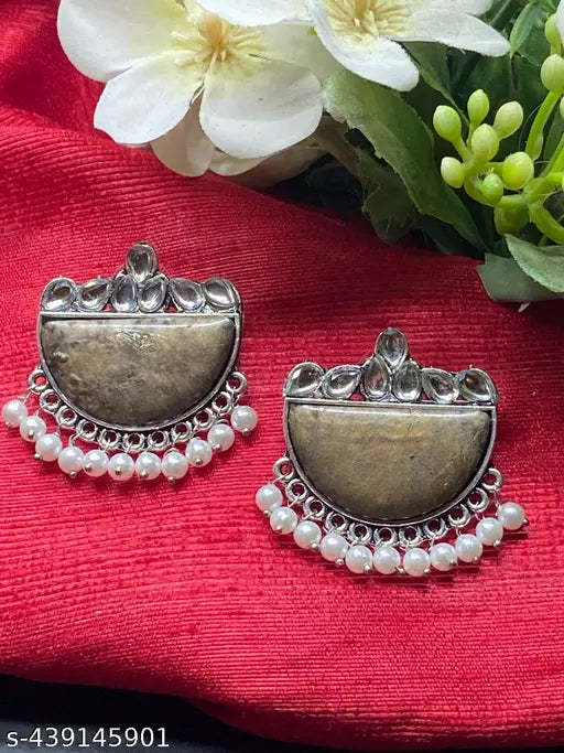 Purple colored Halfmoon shaped Oxidised Earrings with Stone And Pearl Hangings .