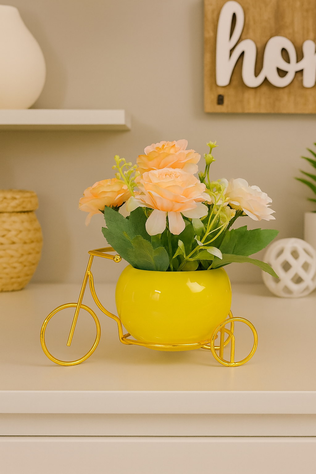 Golden Metal Bicycle Stand with Artificial Peach Roses in Glossy Yellow Ceramic Pot – Decorative Flower Arrangement for Home, Office & Gift Purpose