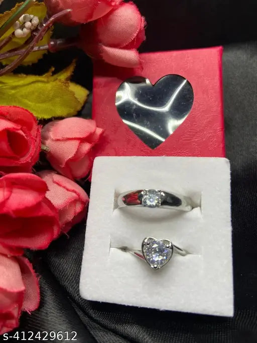 Silver Plated Adjustable Couple Finger Ring for Men/Women/Lovers (Pack of 2)