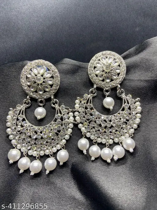 Silver Plated Kundan Stones Long Earrings For Women and Girls